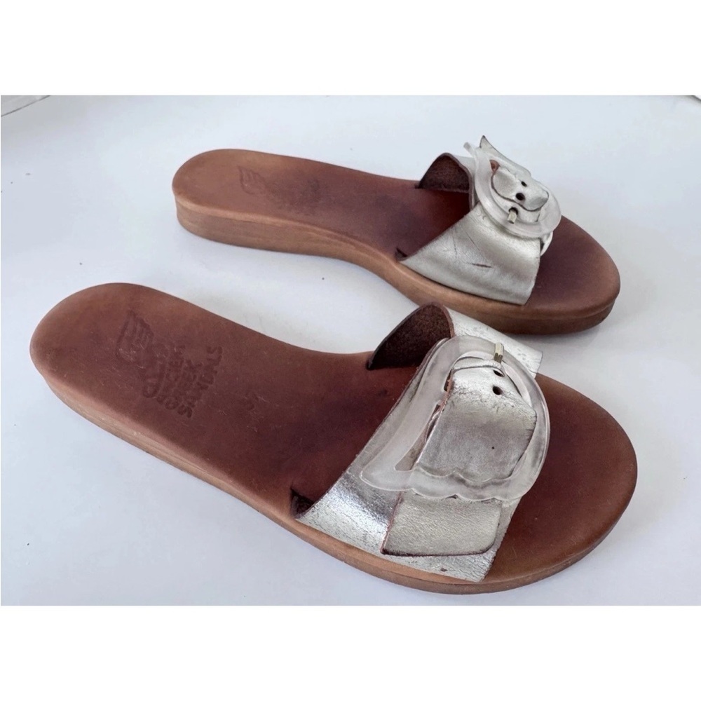 Ancient Greek Sandals Silver Leather Aglaia Slides Size 37